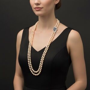 90’s Deco Style Double Strand Pearl Necklace With Rhinestone Butterfly Pendant